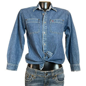 Tommy Hilfiger VINTAGE Blue Denim Button Up Boyfriend Top 90s Sz Mens S Womens M